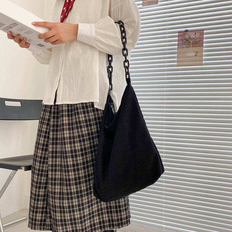 Fashion Corduroy Handbag Chain Totes Lady Shoulder Shopping Bag (Black)