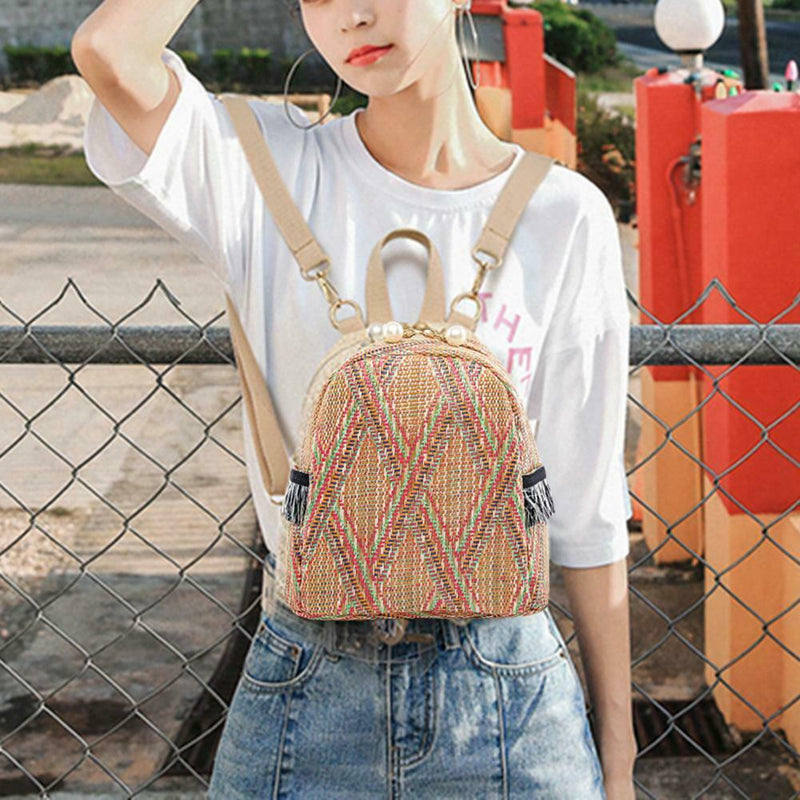 Straw Small Backpacks Women Stripe Print Shoulder School Bags (Dark Brown)