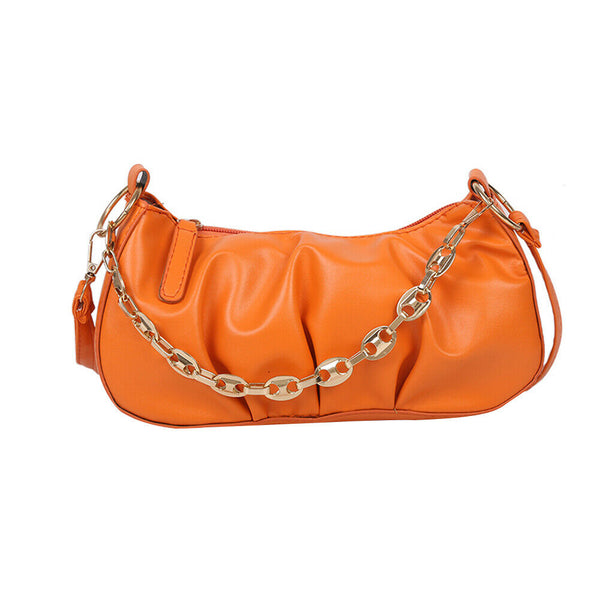 Solid Pleated Women Shoulder Bag PU Clear Chain Crossbody Handbag (Orange) A#S