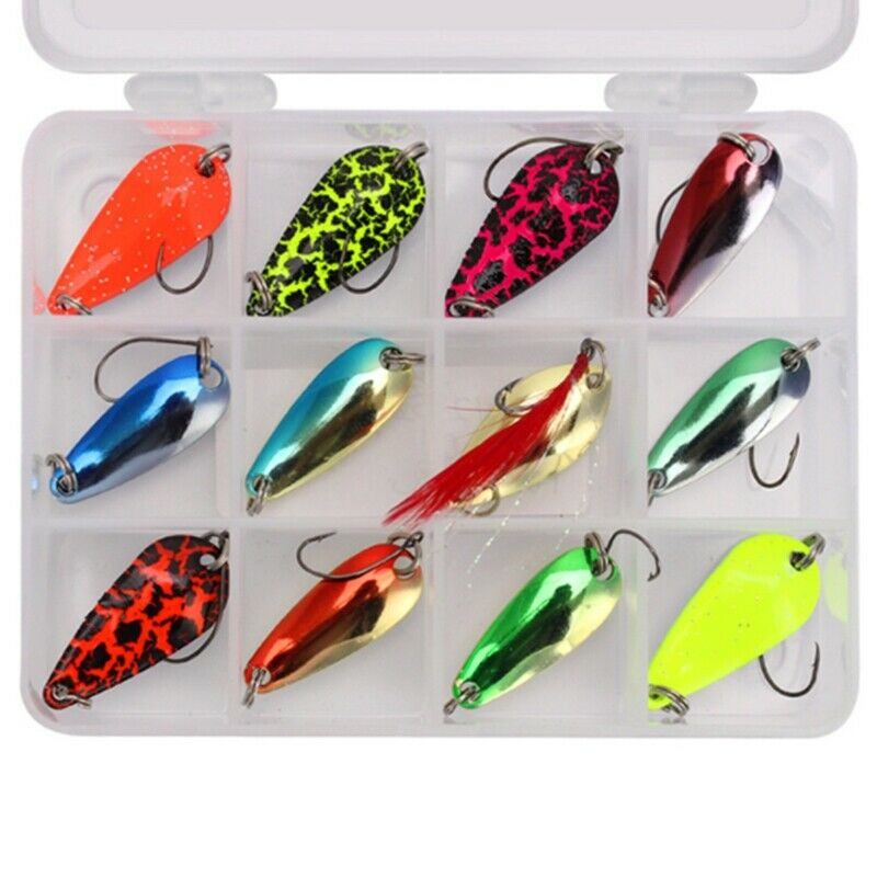 12Pcs Trout Spinners Fishing Bait Spoons Metal Lures Kit Flying Multiple Fi Y5J1