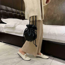 Shoulder Bucket Handbag Women PU Leather Drawstring Crossbody Bag (Black)