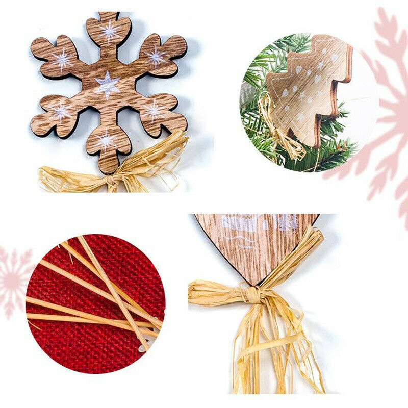 1 Set 10 Pcs Printing Wooden Christmas House Tree Star Shape Pendants Plugi B6U6