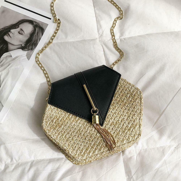 Hex-shape Straw+PU Shoulder Handbags Beach Women Top-handle Bags (Black)