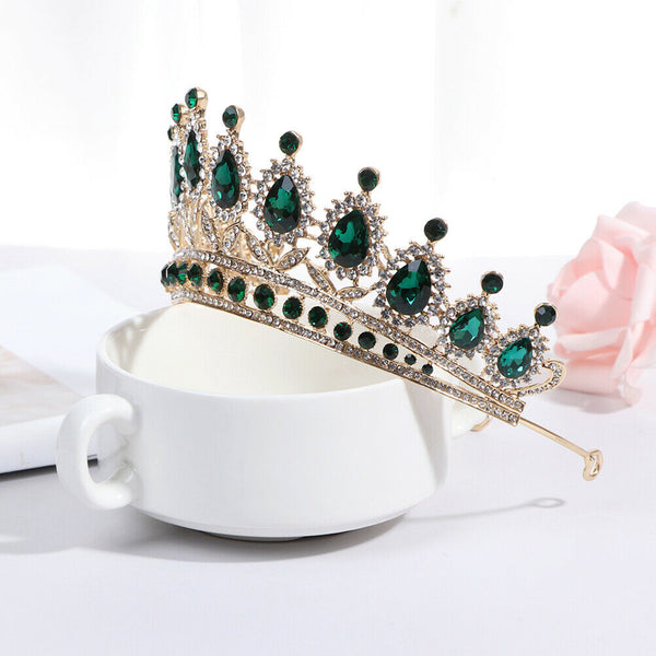 Luxury Green Crystal Baroque Diadem Rhinestone Bridal Crowns Pageant Jewelry Gw