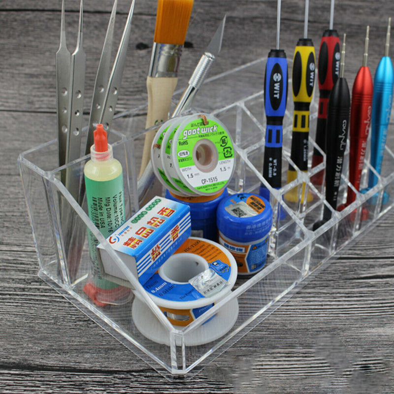 Clear Acrylic Phone Repair Toolbox Tweezers Screwdriver Brushes Storage Box