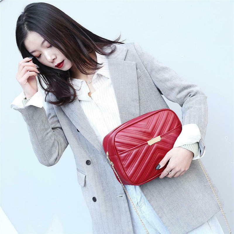 Women Simple Leather Crossbody Bag Chain Shoulder Messenger Handbag (Red) A