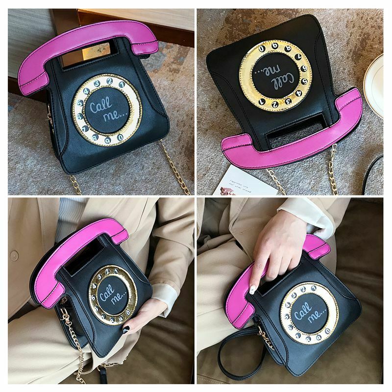 Telephone Shaped Women Retro Cross Body Bag PU Leather Clutch Purse Chain B M8L5