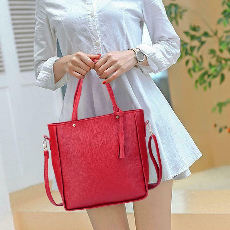 4pcs/Set Lichi Leather Tassels Women Tote Shoulder Clutch Card Bags (Red)