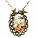 Woman Girl Flower Bird Print Ellipse Pendant Lobster Clasp Necklace Bronze TM3T9