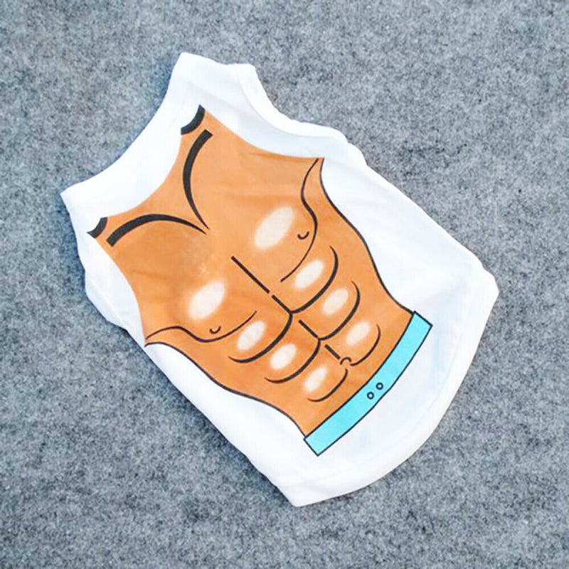 Pet Dogs Funny Cute Muscle Print White Bikini Beach T-Shirt Vest Clothes Size S