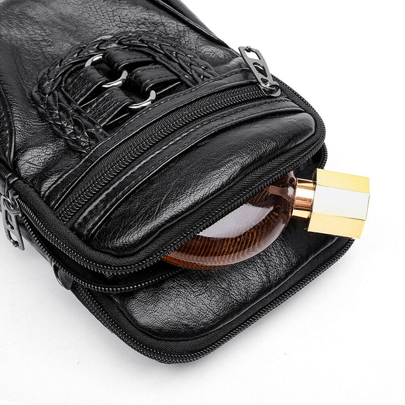 Women Soft PU Messenger Bag Multi-layer Shoulder Zipper Phone Pouch (Black)