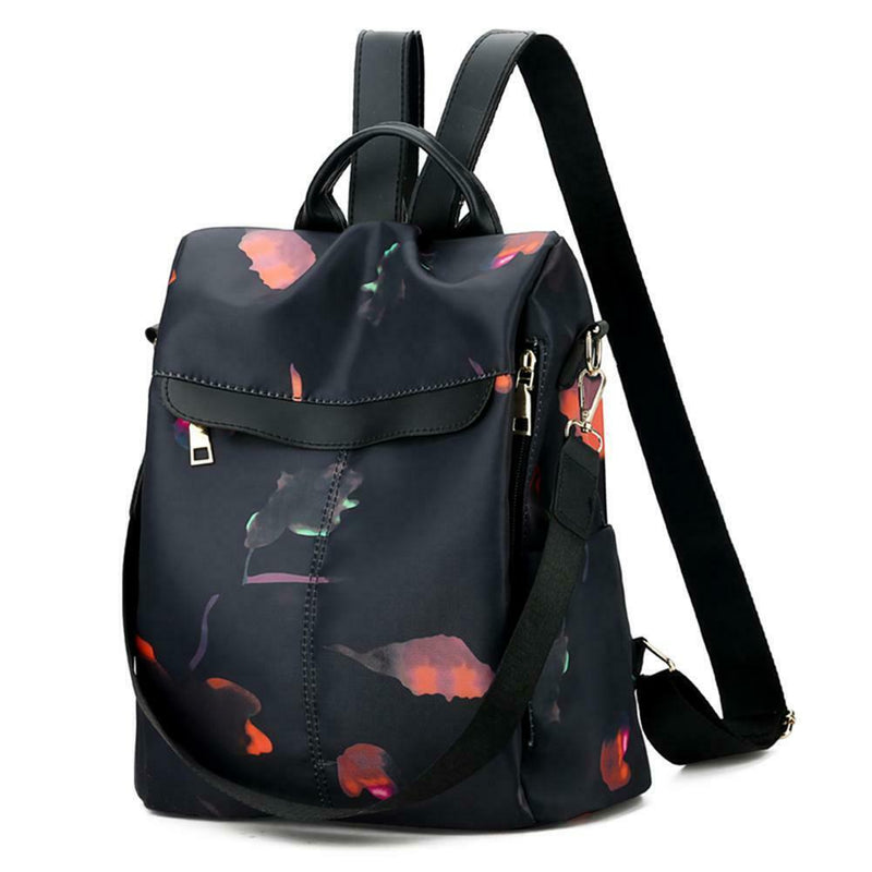 Women Print Black Nylon Backpack Anti Theft Girls Travel School Shoulder Bag