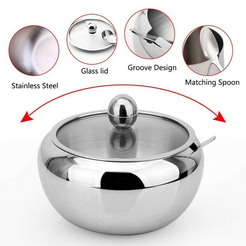 Stainless Steel Sugar Bowl with Clear Glass Lid - for better recognition, a J3F7