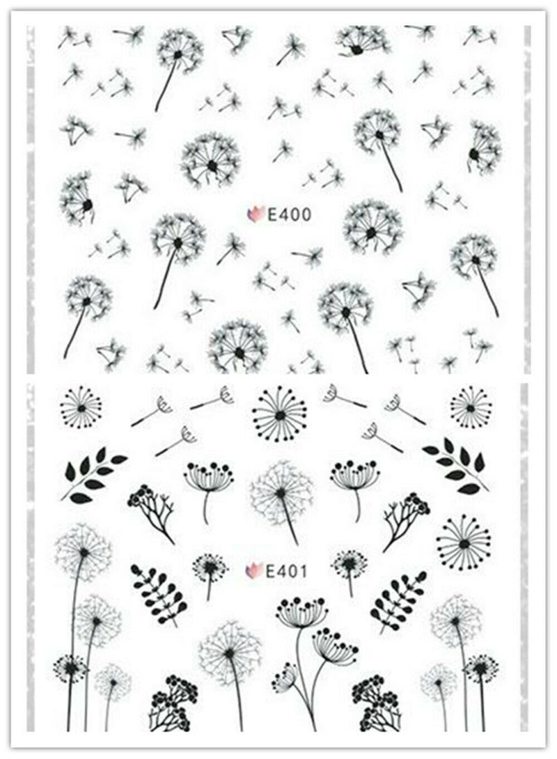 2X Nail Art Water Transfers Decals Stickers Black Dandelions Floral Gel Polish
