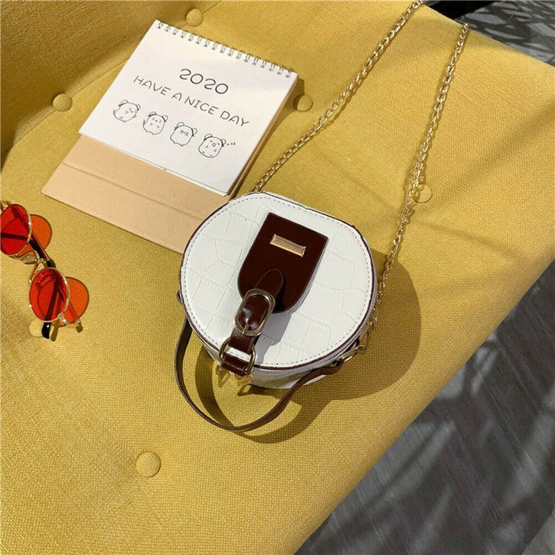 Mini Round Tote Shoulder Bag Women Leather Chain Messenger Purse (2 White)