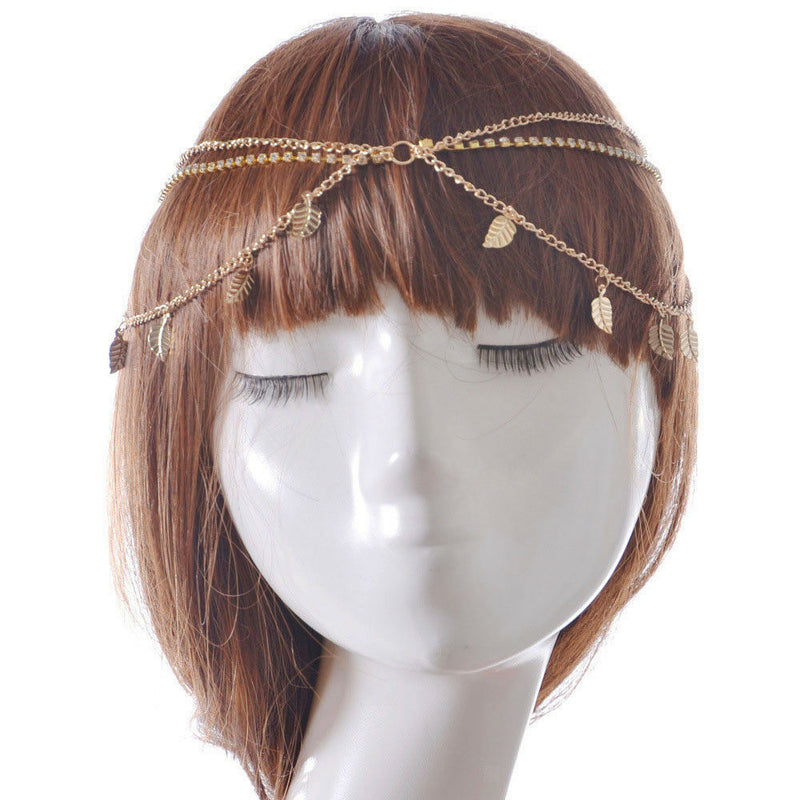 Boho Tassel Crystal Leaf Metal Headband Head Piece Hair Band Chain Jewelry