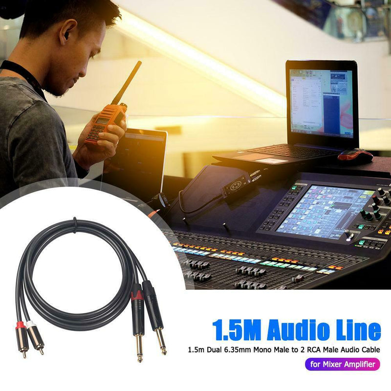 4.9ft Dual 6.35mm 1/4 TS Mono Male to Dual RCA Male Adapter Audio Cable A