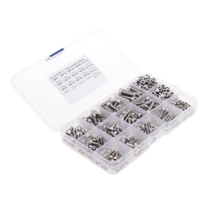 440pcs M3 M4 M5 Stainless Steel Hex Socket Head Cap Screws Nut Kit+Box