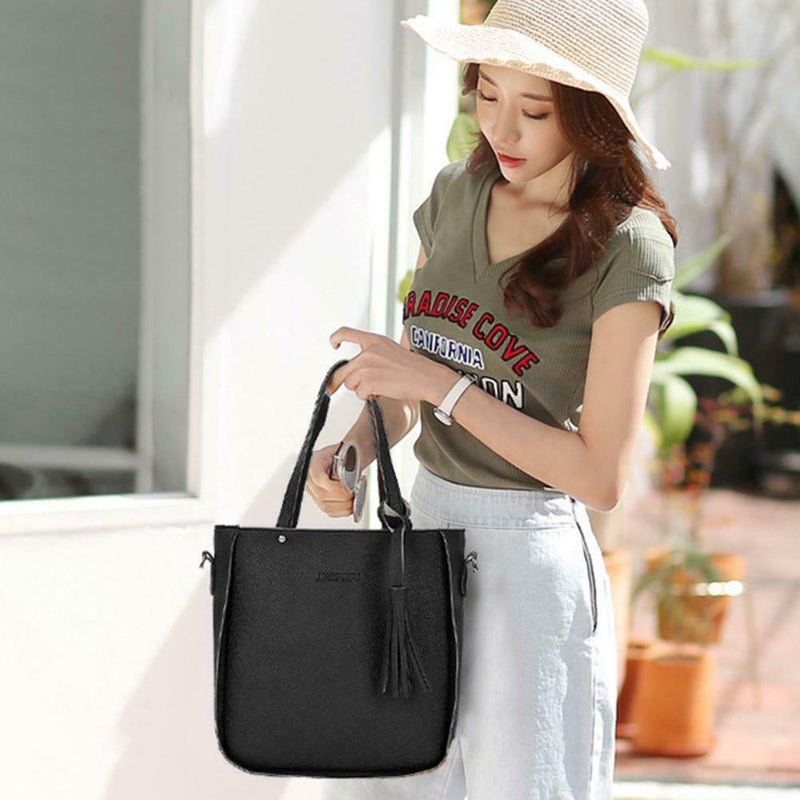 4pcs/Set Lichi Leather Tassels Women Tote Shoulder Clutch Card Bags (Black) A