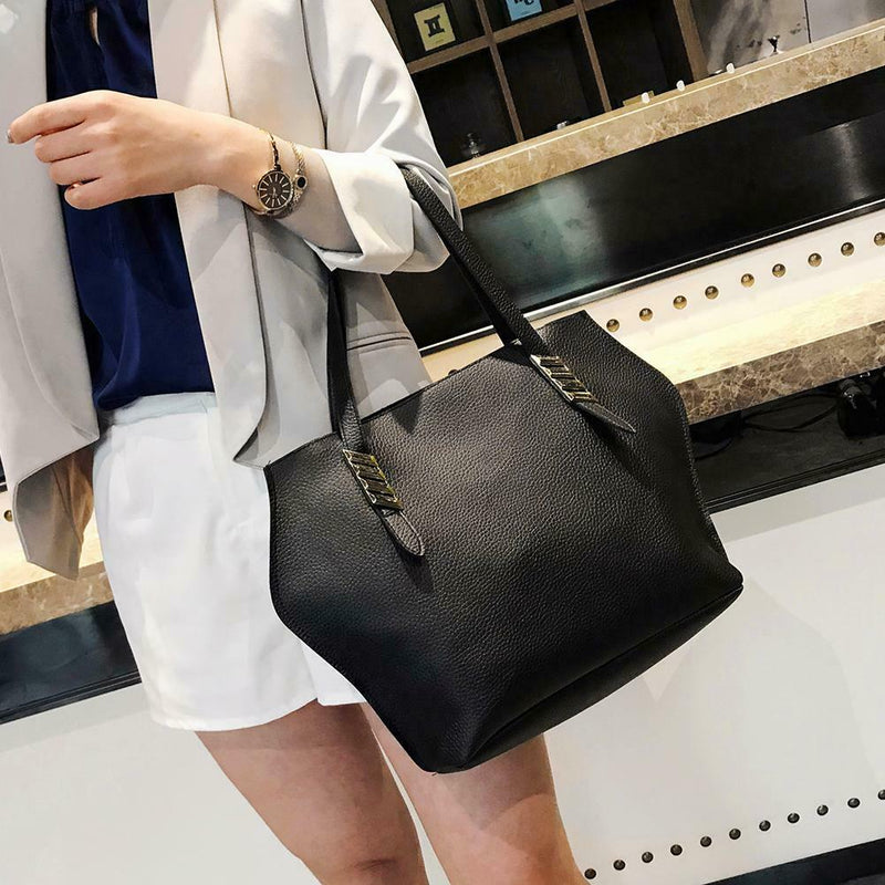 4pcs/set Solid Color Totes Women Leather Shoulder Card Bags Clutch (Black)