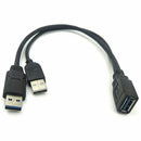 Black USB 3.0 Female to Dual USB Male Extra Power Data Y Extension Cable fo