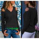 Women Fashion V Neck Cold Shoulder Long Sleeve Knitted Ribbed Sweater T Shi