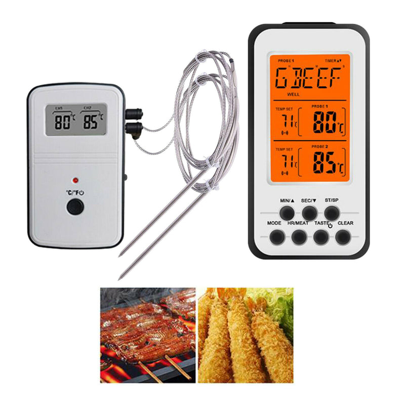 Instant Read Wireless Digital BBQ Meat Thermometer w/ Dual Probes Time Alarm
