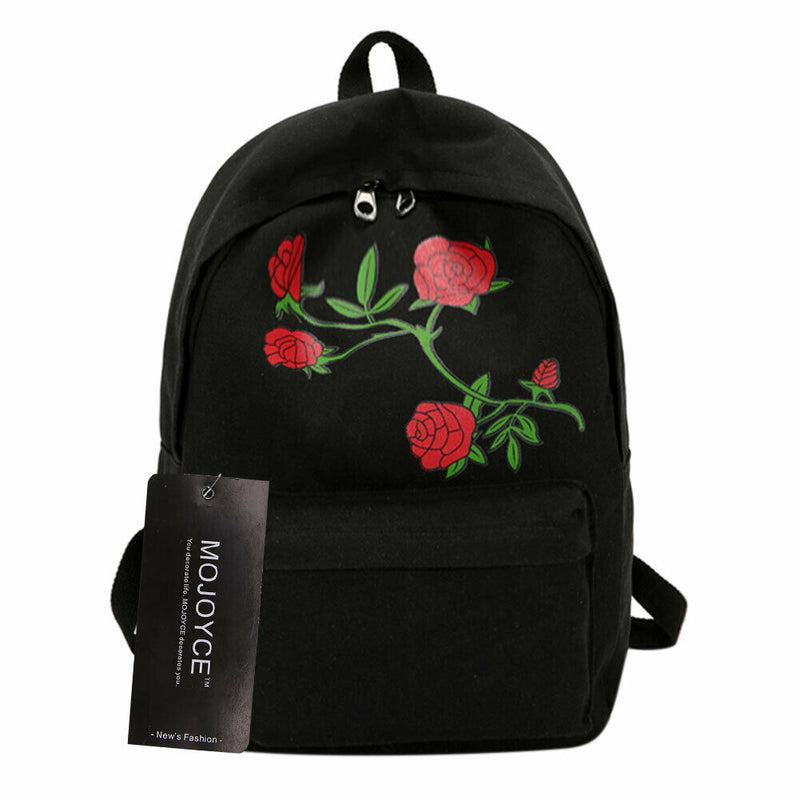 Preppy Chic Women Canvas Flower Embroidery Large Capacity Backpack(Black)