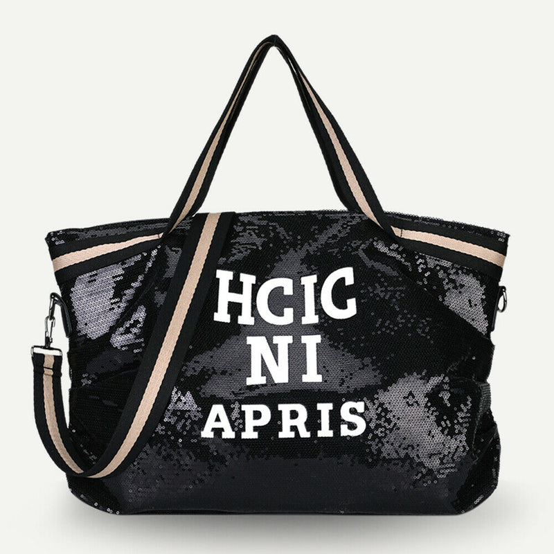 Letters Sequin Crossbody Shopping Bags Women Large Shoulder Handbag (Black)