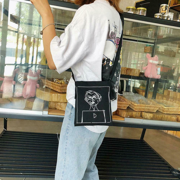 Canvas Women Shoulder Crossbody Bag Cartoon Printed Daily Handbag (Black) A#S
