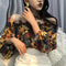 Women Floral Print Tops Off Shoulder Long Sleeve T-Shirts Tunic Tee Shirts- Bj
