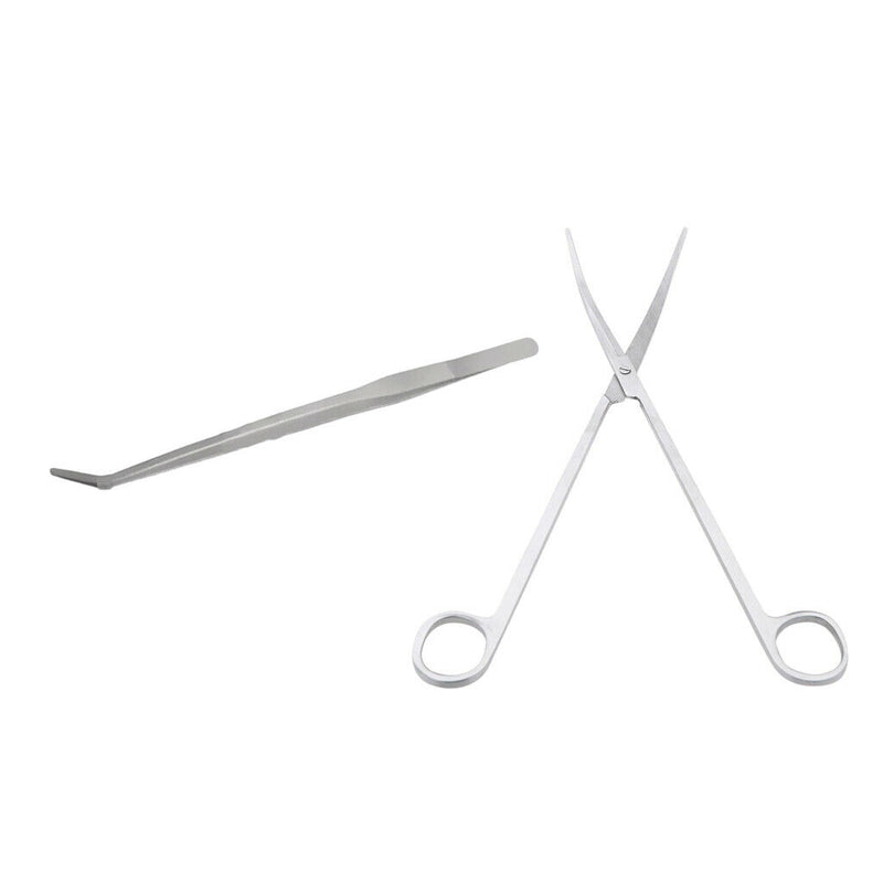 Set of 2, Stainless Steel Curved Forceps 27cm Tweezer & 25cm Scissor Aquarium
