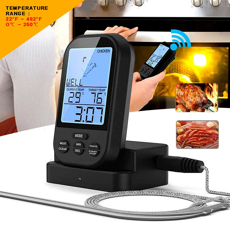 Kitchen LCD Wireless Digital Food Thermometer Probe Base BBQ Grill Meat Cooking