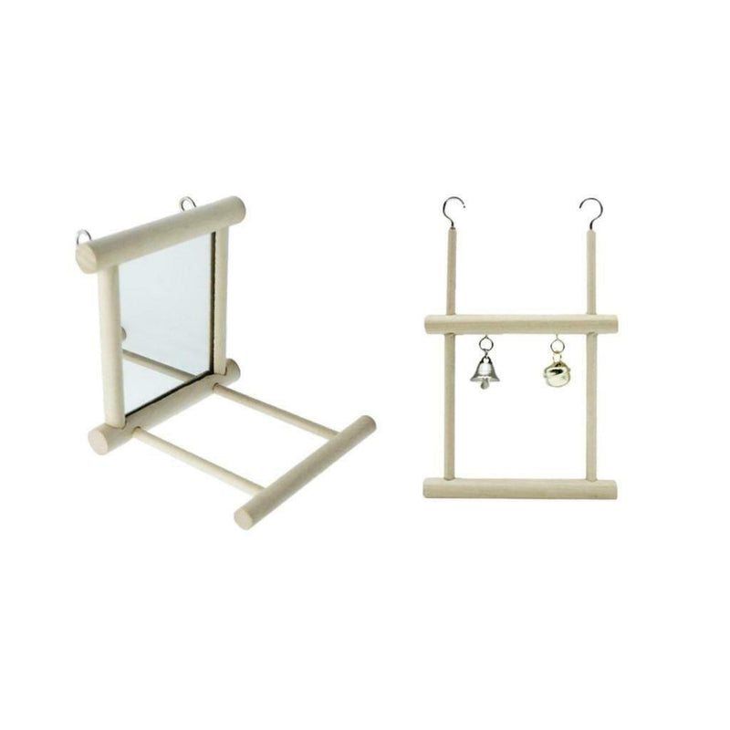 Set of 2, Bird Stand Perch with Mirror & A Bell wooden Swing for Budgie Parakeet