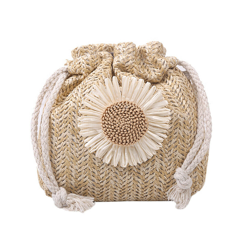 Women Straw Bucket Shoulder Bags Flower Drawstring Crossbody Pouch (Khaki)