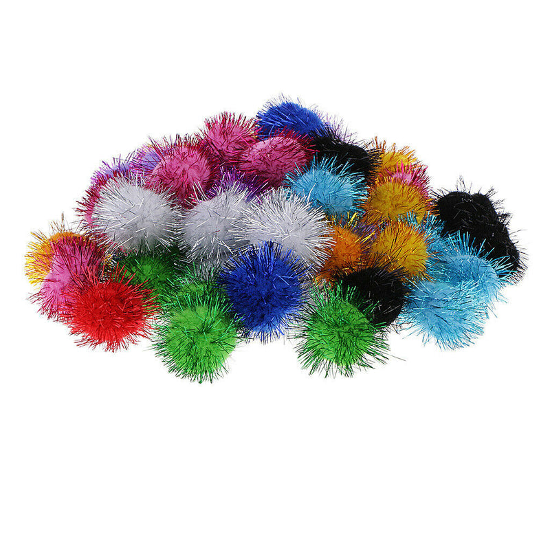 50pcs Glitter Pom Poms Assorted Colours 35mm pompoms Tinsel Kitten Cat Toys