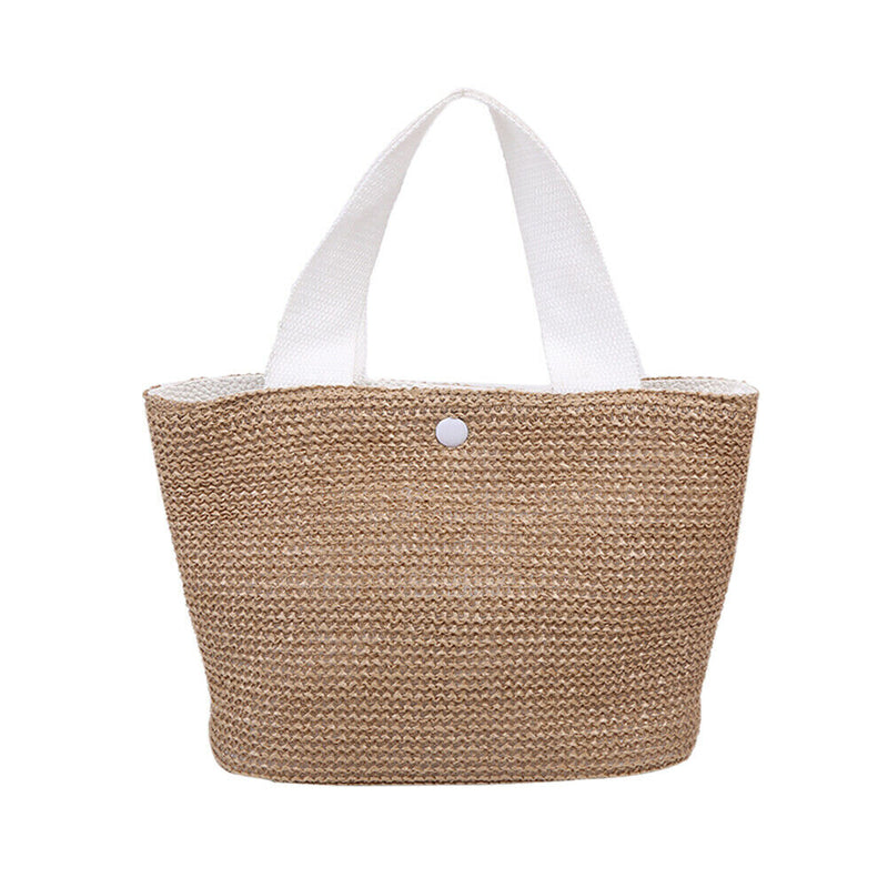 Women Straw Handbag Beach Woven Bucket Totes Travel Shopping Bag (White)
