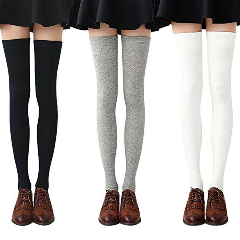 1 Set 3 Pairs Womens Long Socks Solid Color Thigh High Socks Cotton over th