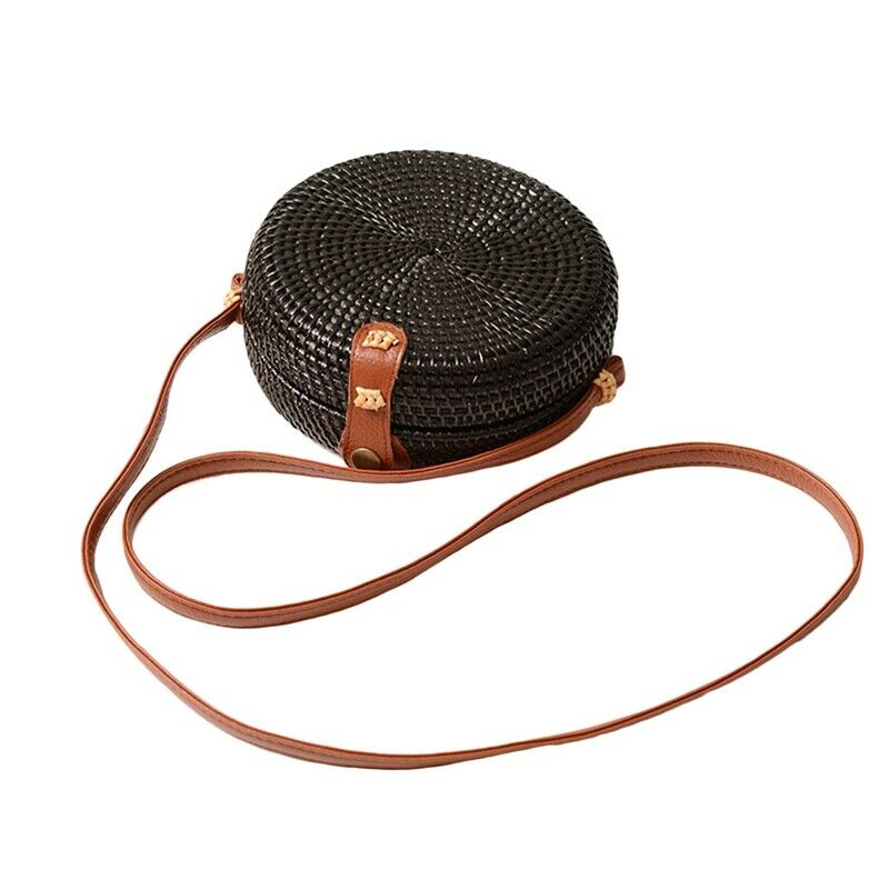 Black Beach Retro Rattan Bag Woven Handmade Ladies Round Sling Straw Bag (CiC1B9
