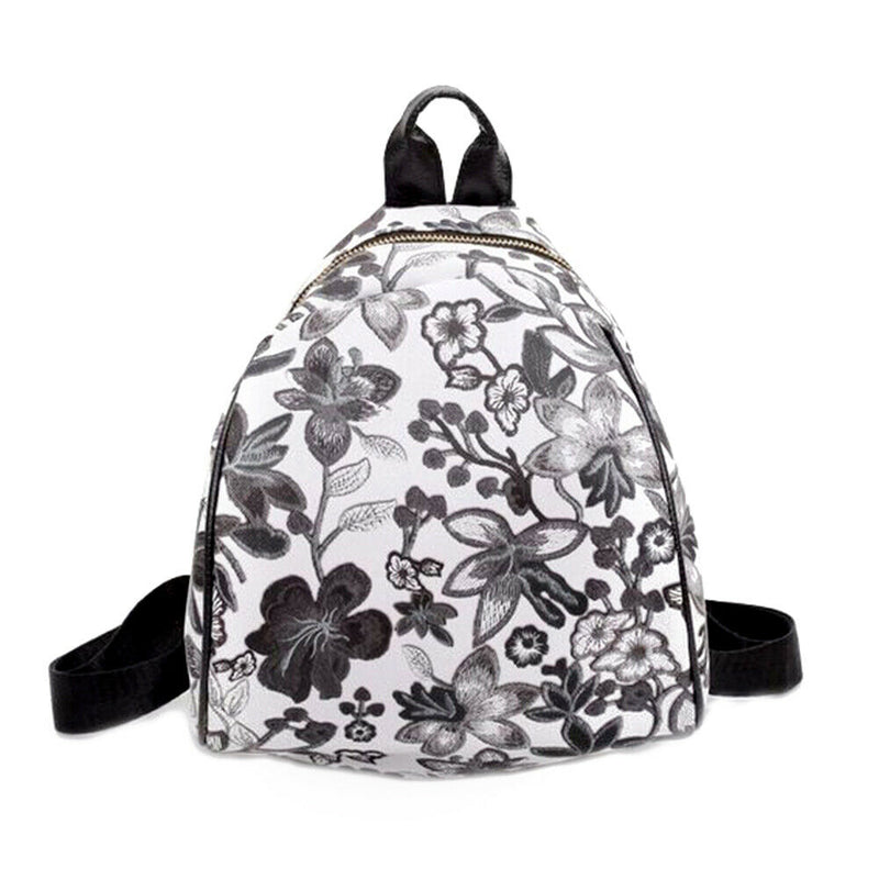 Summer Women PU Leather Floral Printed Backpack School Travel Bag(Black)