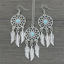 Bohemian Dreamcatcher Leaves Feather Pendant Necklace Earrings Jewelry Set LJ
