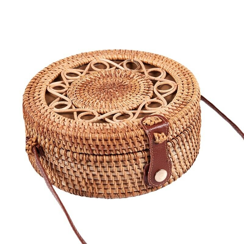 Woven Rattan Bag Round Straw Shoulder Bag Small Beach Handbags Women Summer E4D1