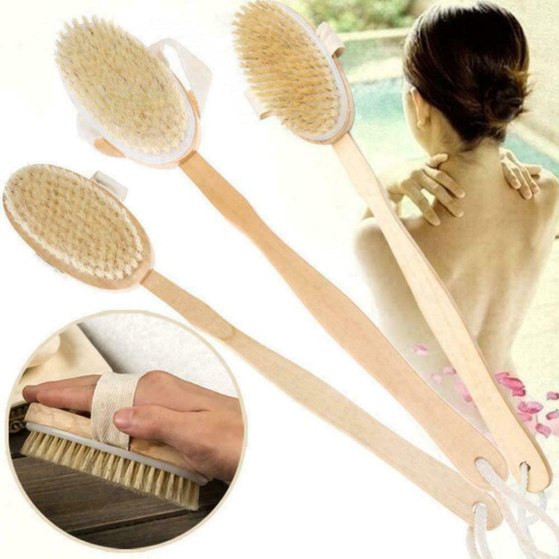 Wooden Loofah Back Scrubber Sap Body Sponge Long Handled Showe Bath Brush S Z9F1