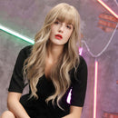 Women Girls Light Blonde Long Wave Wigs with Neat Bangs, Natural Long Curly Heat