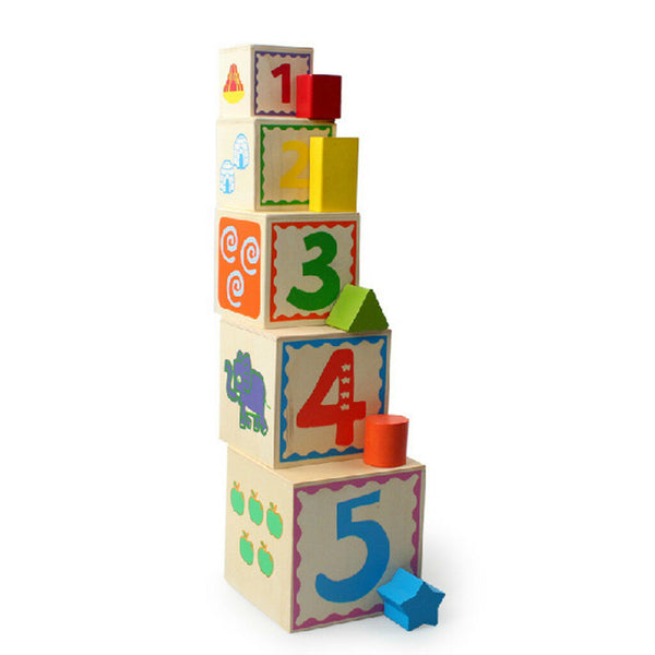 5 Piece Wooden Stacking Boxes Cubes w/ Geometric Blocks for Kids Education