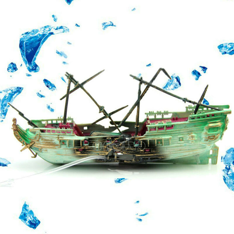 Aquarium Ornament Wreck Boat Sunk Ship Air Splits Shipwreck Fish Tank Ca XIE