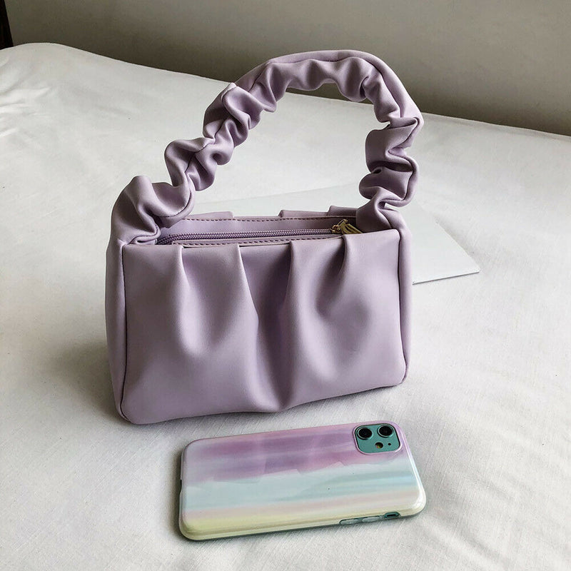 Women Candy Color Shoulder Bags Pleated Ruffle PU Totes Handbag (Purple)