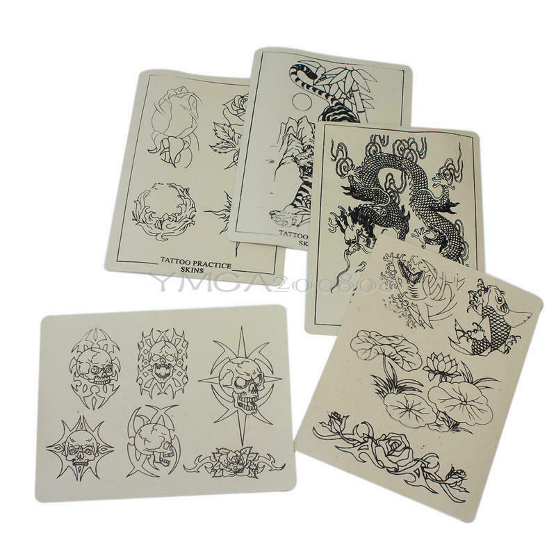 5 x Tattoo Practice Skins with Designs for Needle Machine Gun Supply Kit Set