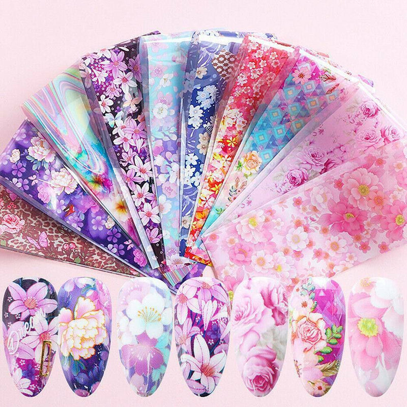 10 Flower Transfer Manicure Decor Nail Foil Nail Art Stickers Holographic Decals