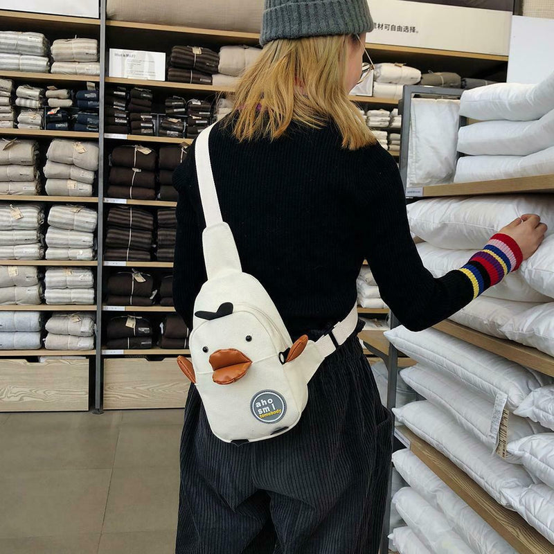 Cartoon Chicken Canvas Chest Bags Women Crossbody Shoulder Bags (White)